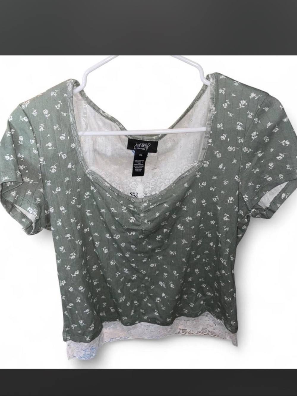 Lace Trim Floral Baby Tee Sage Green Fairy Cottagecore Size XL New with tags